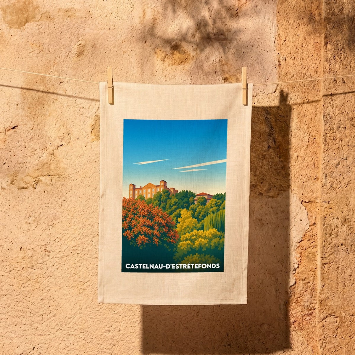 Torchon souvenir de la ville de Castelnau-d'Estrétefonds avec une illustration stylisée de son château et de sa végétation.