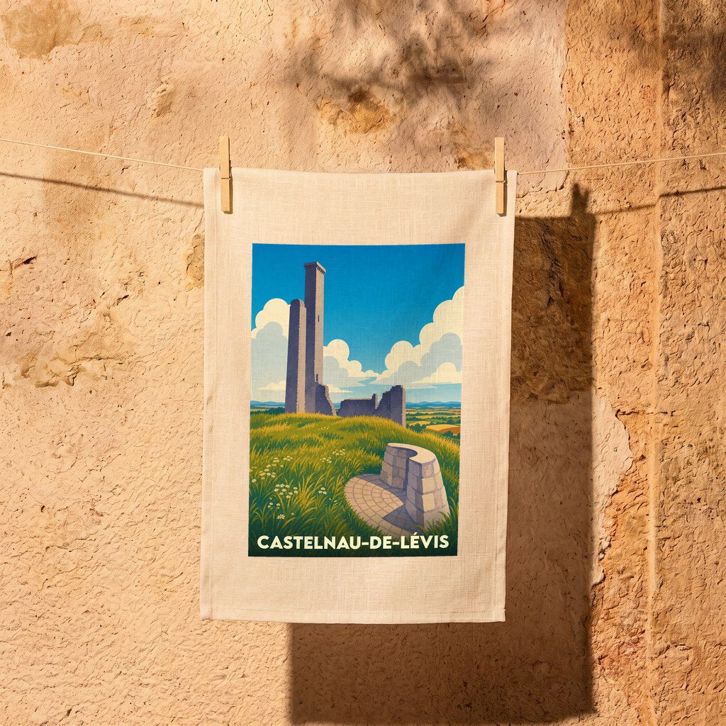Torchon souvenir de la ville de Castelnau-de-Lévis avec une illustration stylisée de sa tour médiévale.