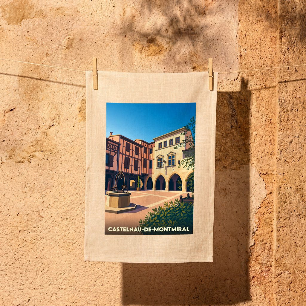 Torchon de cuisine souvenir de la ville de Castelnau-de-Montmiral avec une illustration stylisée de sa place centrale.