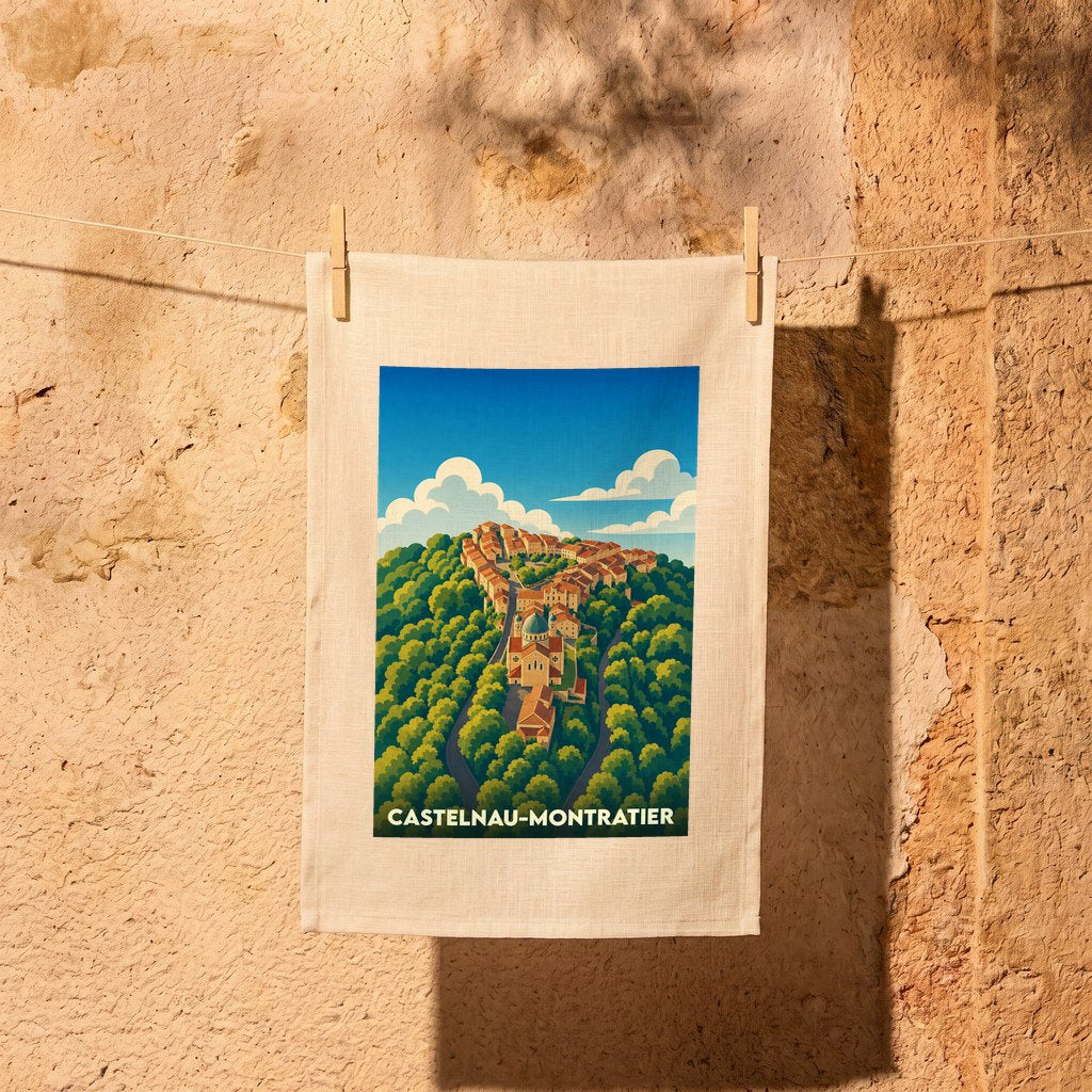 Torchon souvenir de la ville de Castelnau-Montratier avec une illustration stylisée d'un village perché.