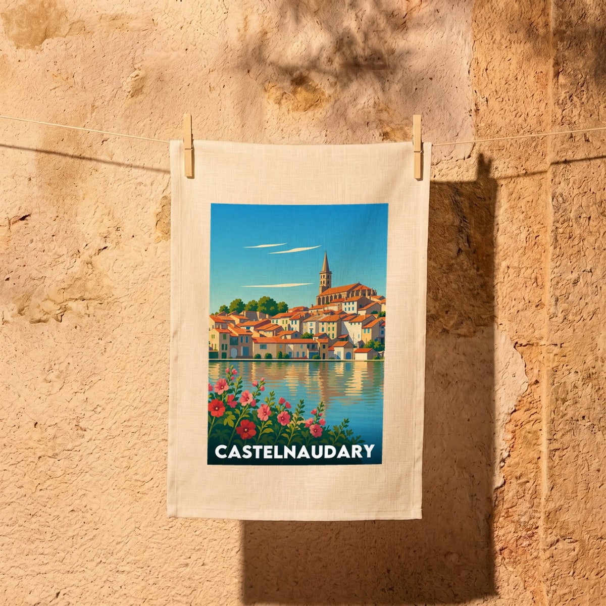 Torchon souvenir de la ville de Castelnaudary avec une illustration stylisée.
