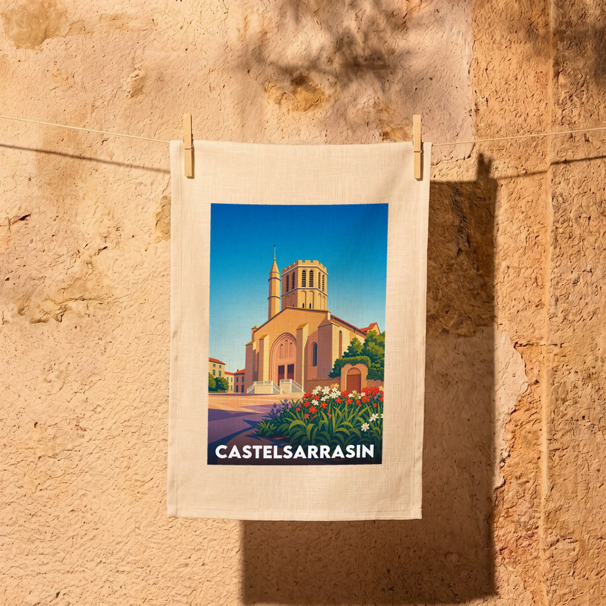 Torchon souvenir de la ville de Castelsarrasin avec une illustration stylisée.