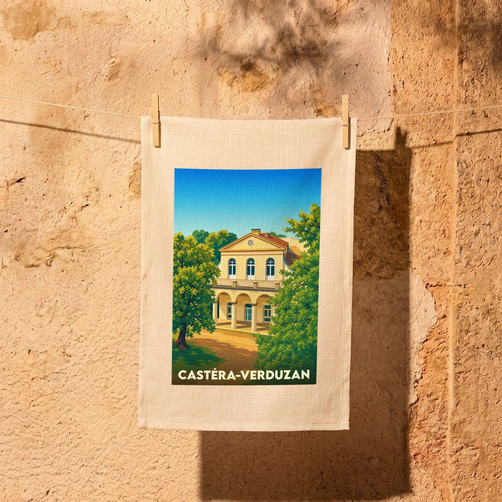 Torchon souvenir de la ville de Castéra-Verduzan avec une illustration stylisée d'un bâtiment historique.
