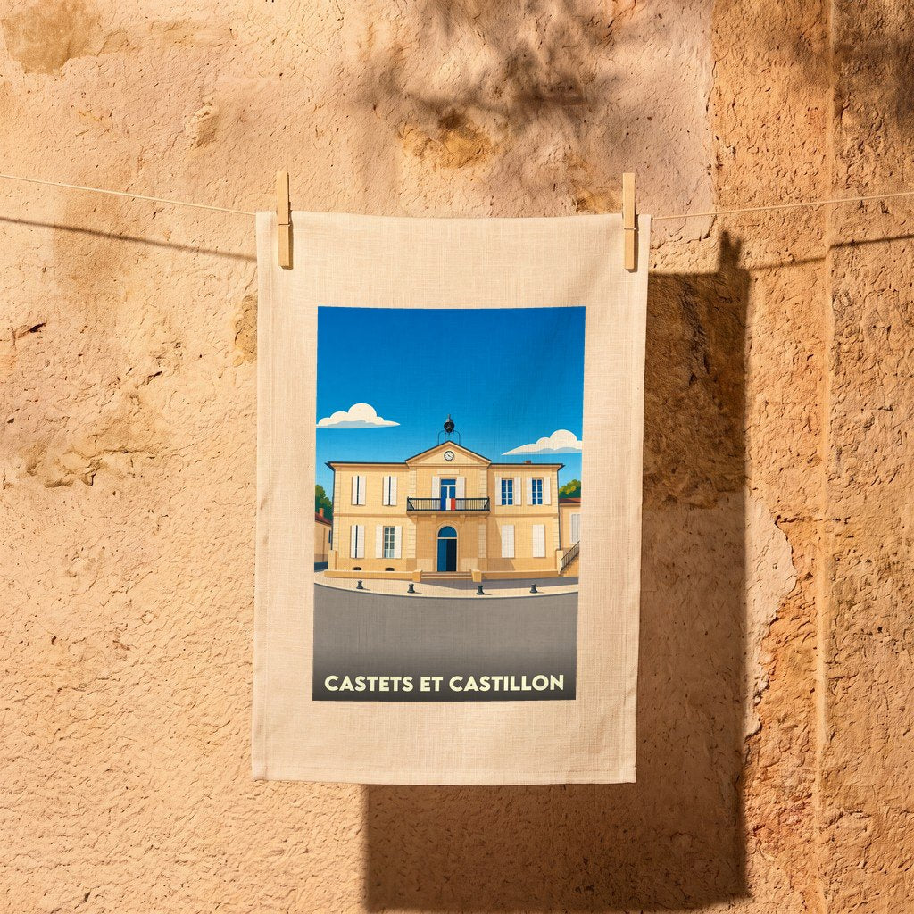 Torchon souvenir de la ville de Castets et Castillon avec une illustration stylisée.