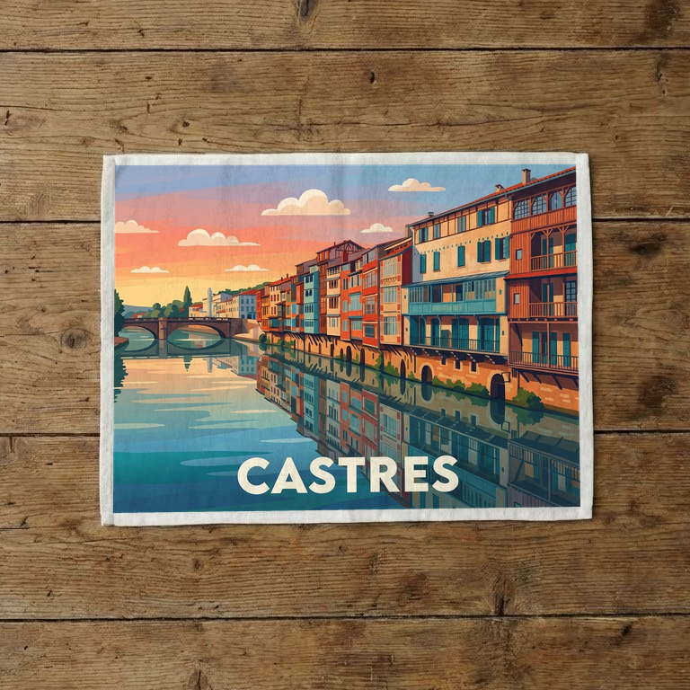 Torchon souvenir de la ville de Castres avec une illustration stylisée de ses maisons colorées au bord de l'eau.
