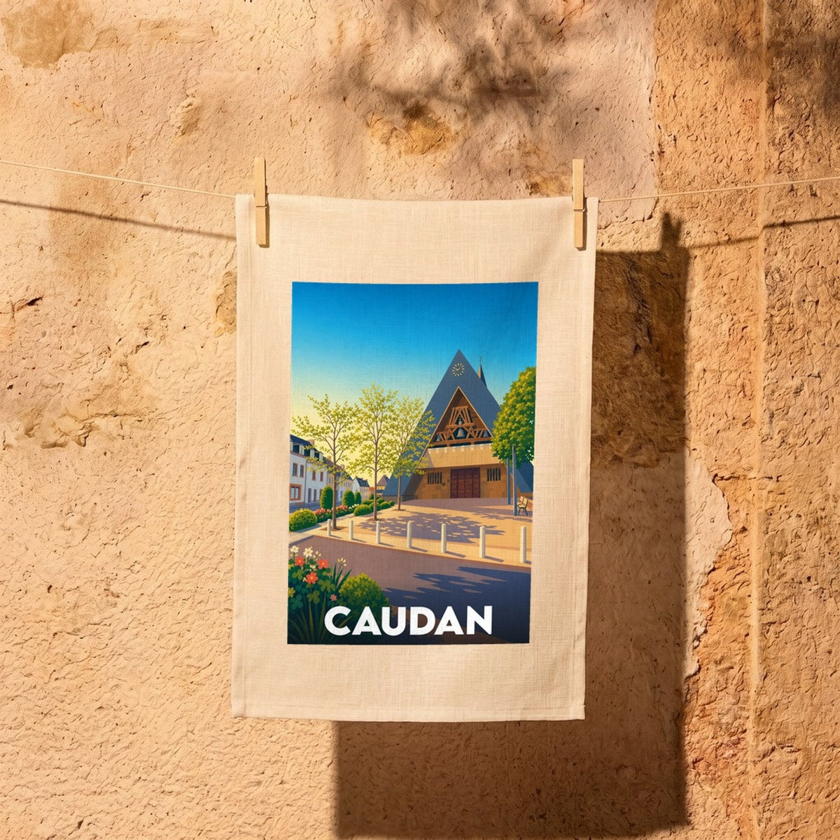 Torchon souvenir de la ville de Caudan avec une illustration stylisée de son église moderne et du centre-ville.