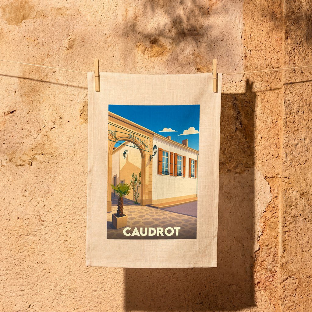 Torchon souvenir de la ville de Caudrot avec une illustration stylisée.