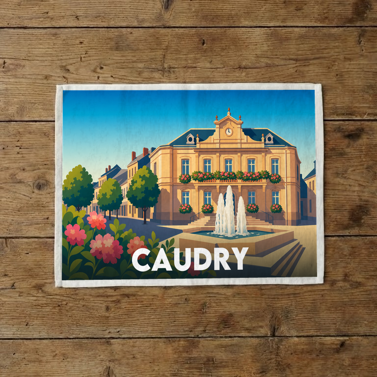 Torchon souvenir de la ville de Caudry avec une illustration stylisée de sa place principale.