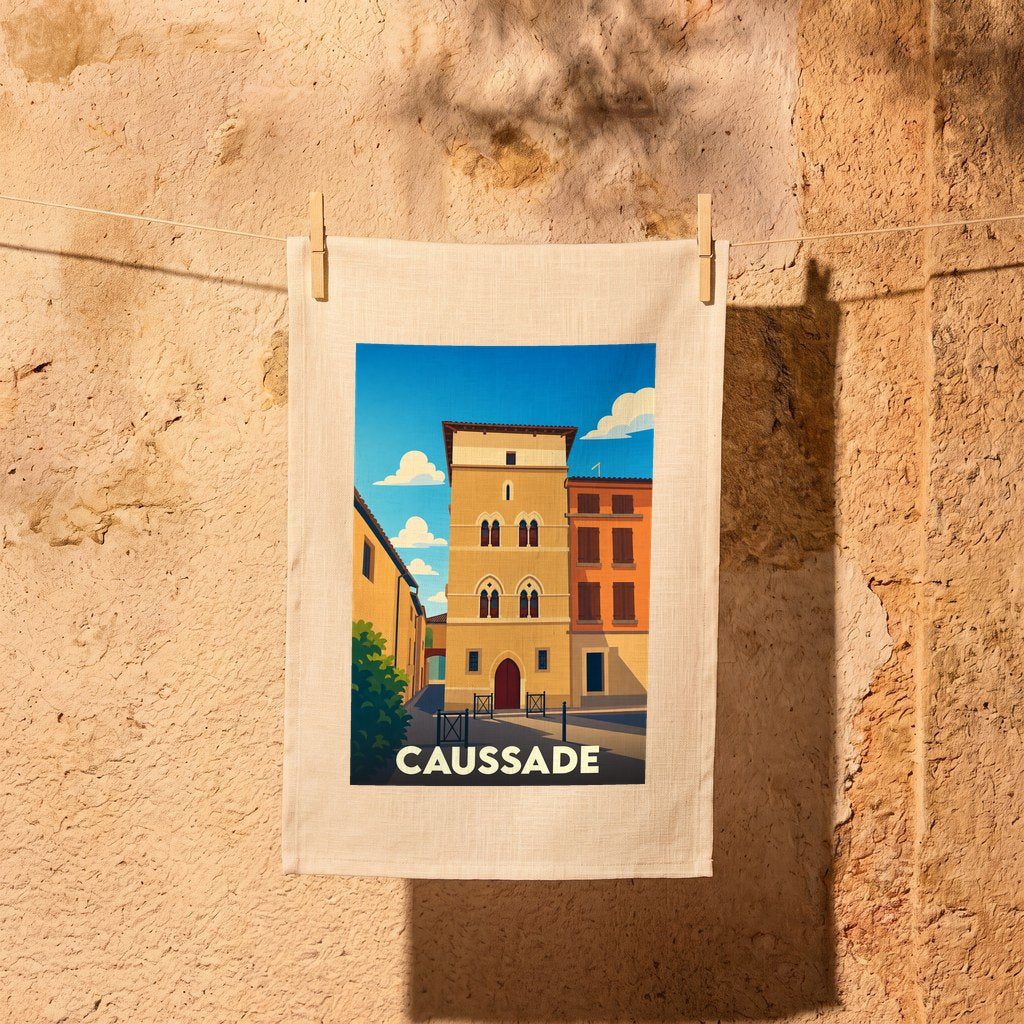 Torchon souvenir de la ville de Caussade illustré d'un bâtiment historique au style graphique épuré.