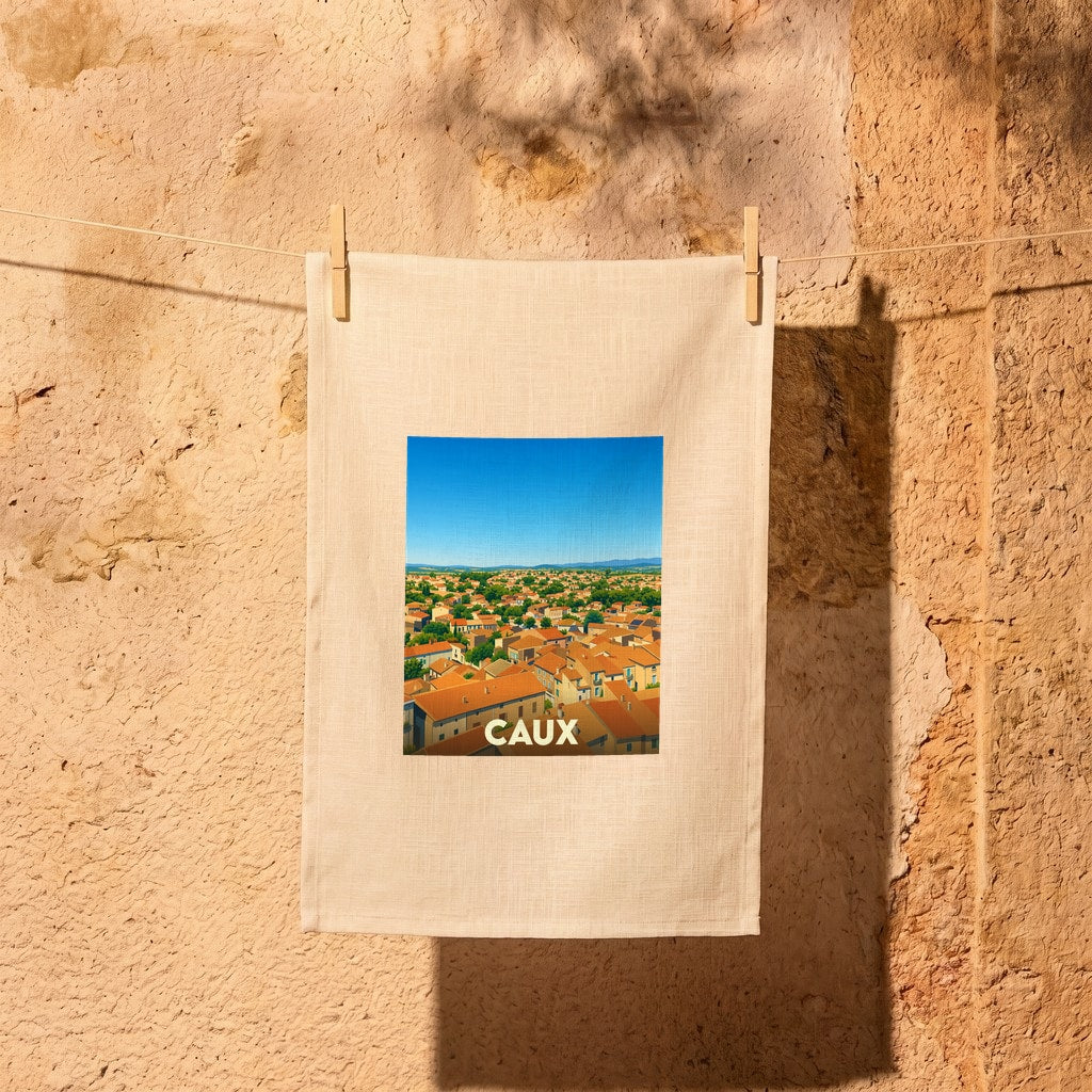 Torchon souvenir de la ville de Caux avec une illustration stylisée de ses toits en terre cuite.
