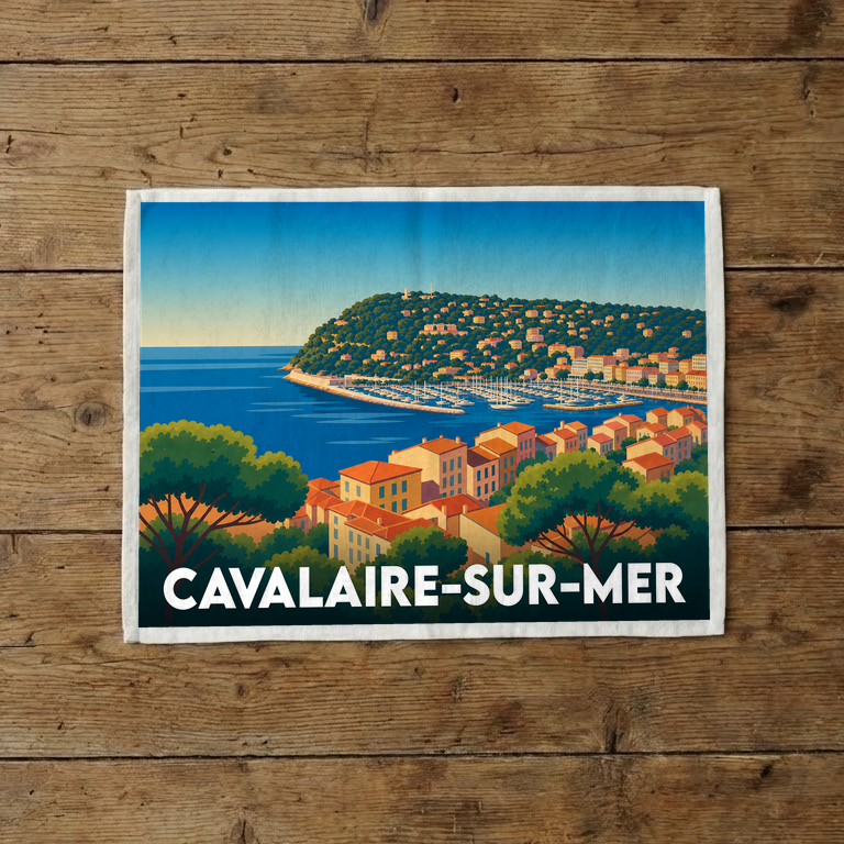 Torchon souvenir de la ville de Cavalaire-sur-Mer avec une illustration stylisée du port et de la côte.