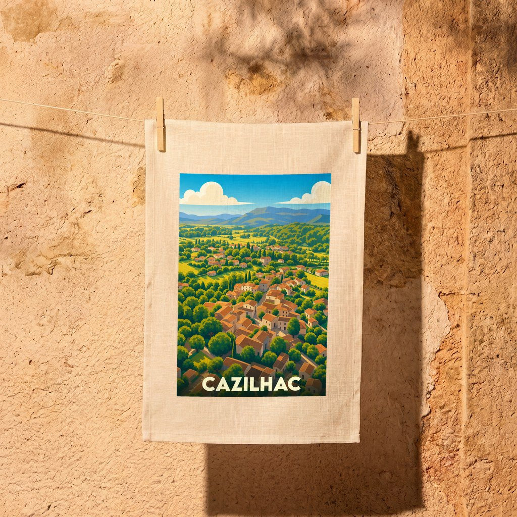 Torchon souvenir de la ville de Cazilhac orné d'une illustration stylisée de son paysage vallonné.