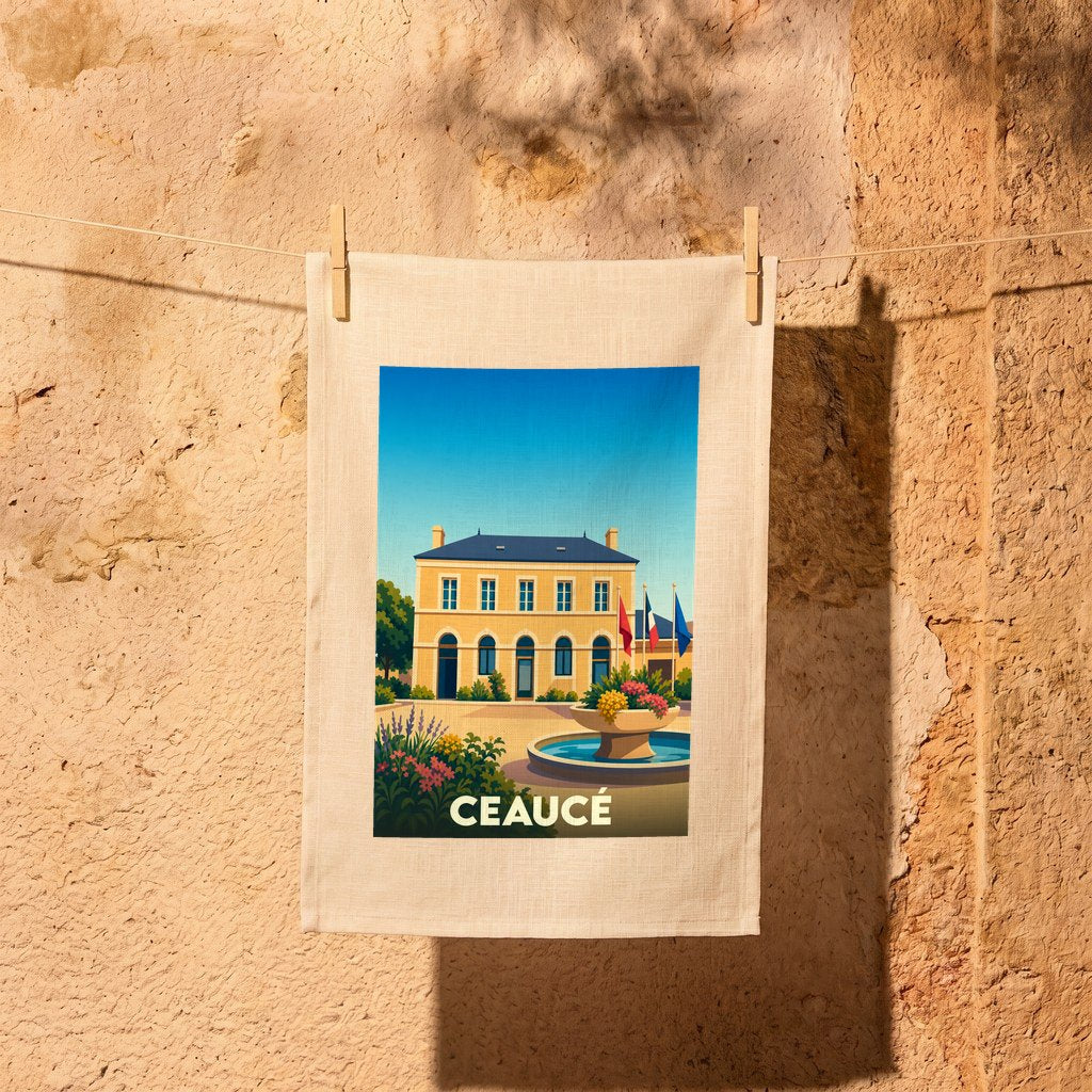 Torchon souvenir de la ville de Ceaucé avec une illustration stylisée d'un bâtiment emblématique et d'une fontaine.