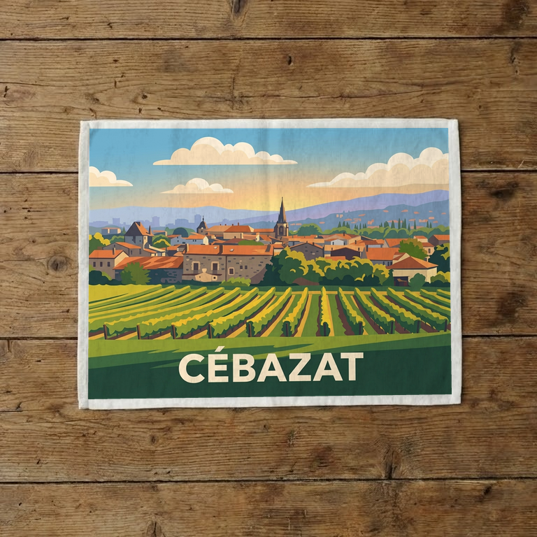 Torchon souvenir de la ville de Cébazat avec une illustration stylisée de son paysage et de ses vignobles.