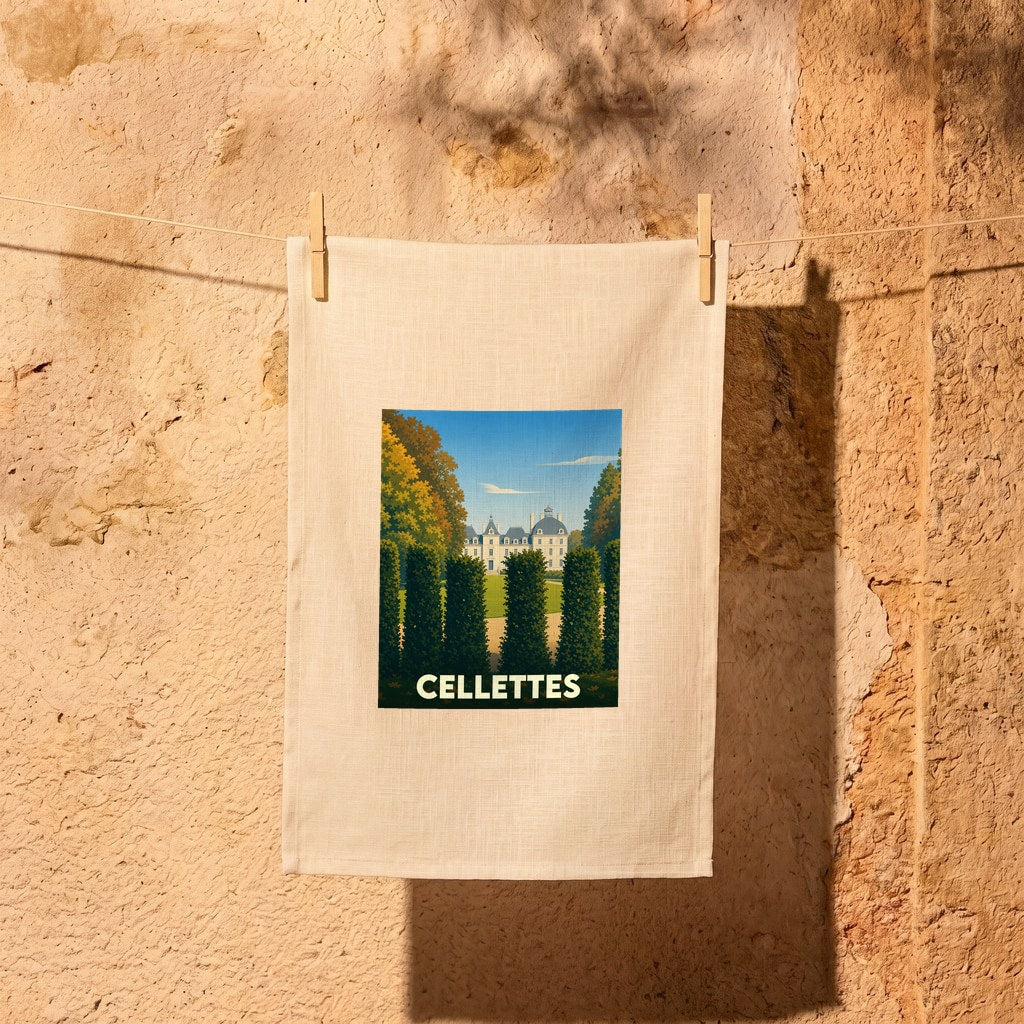 Torchon souvenir de la ville de Cellettes avec une illustration stylisée d'un château.