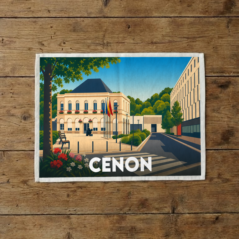 Torchon souvenir de la ville de Cenon illustré par un dessin stylisé de son hôtel de ville.