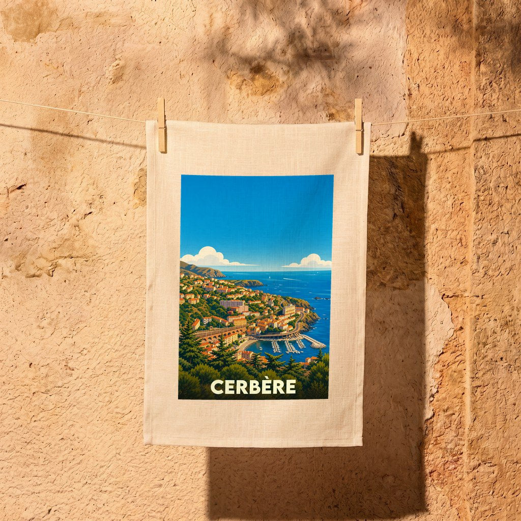 Torchon souvenir de la ville de Cerbère avec une illustration stylisée du bord de mer.