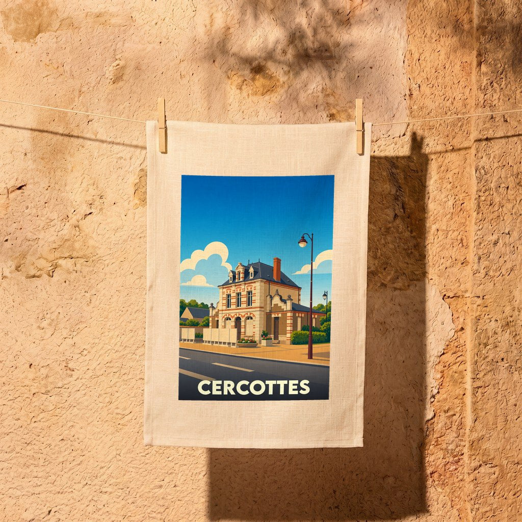 Torchon souvenir de la ville de Cercottes avec une illustration stylisée.