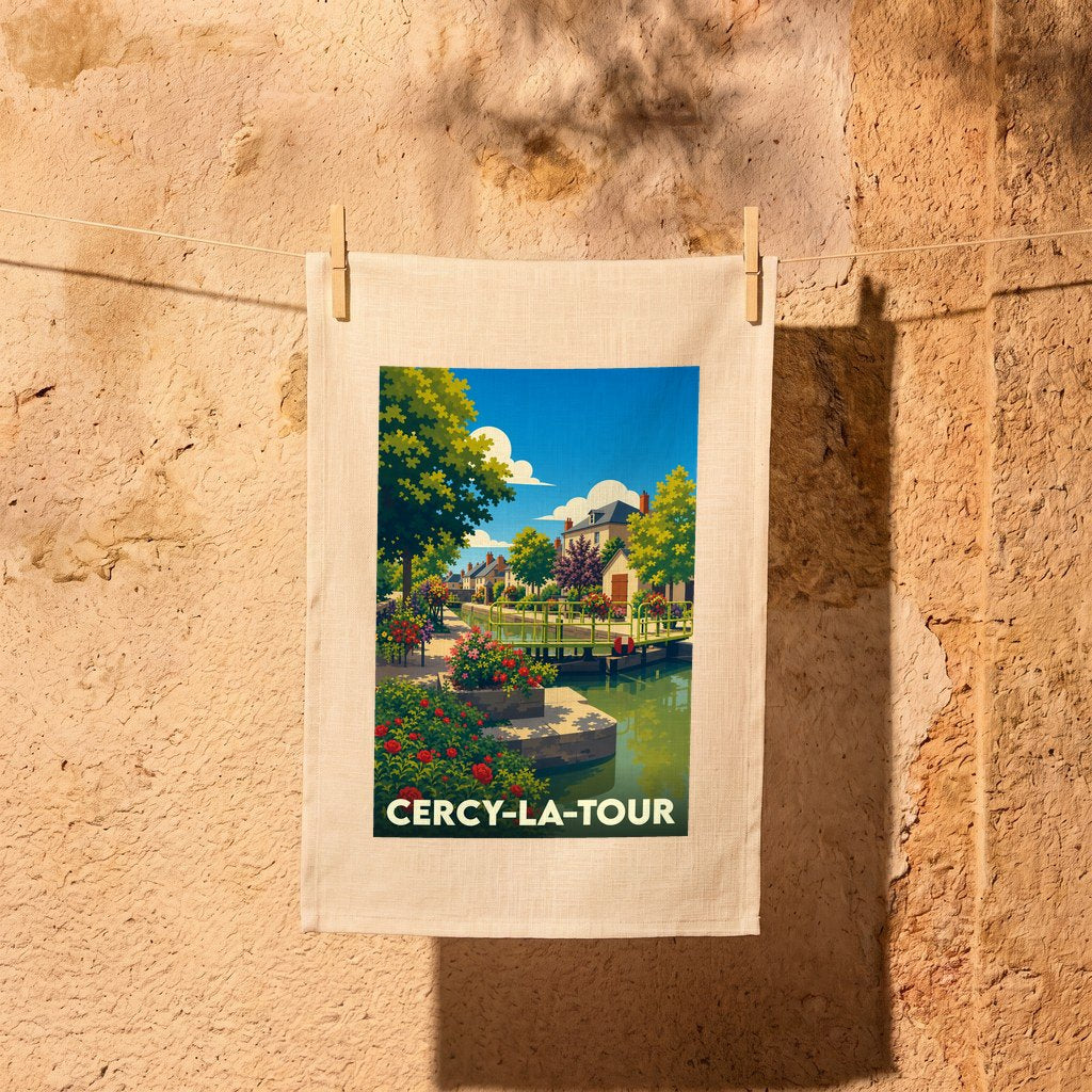 Torchon souvenir de la ville de Cercy-la-Tour avec une illustration stylisée d'un canal fleuri.