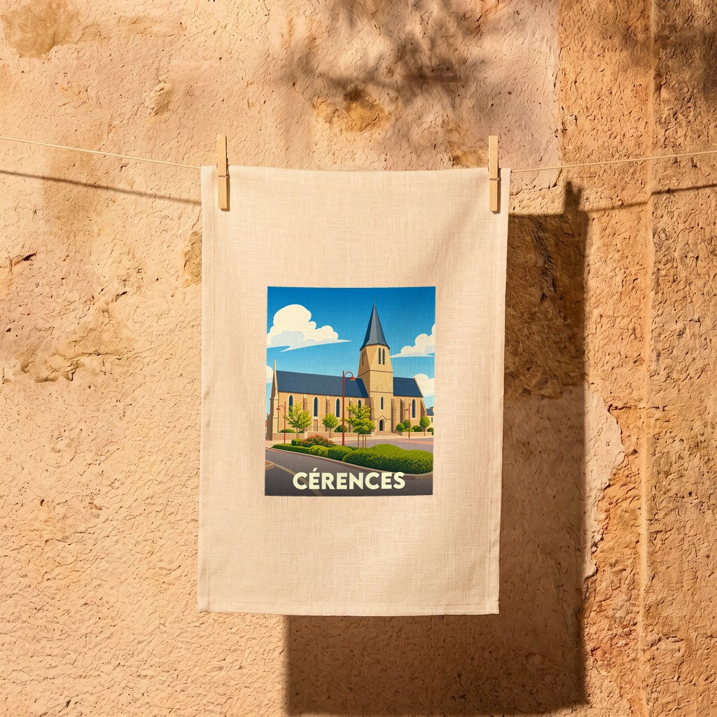 Torchon souvenir de la ville de Cérences orné d'une illustration stylisée de son église.