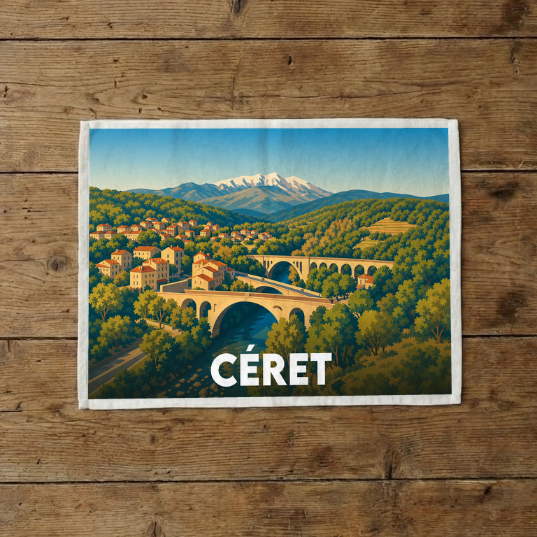 Torchon souvenir de la ville de Céret illustré d'un paysage stylisé avec ses ponts emblématiques et les montagnes.