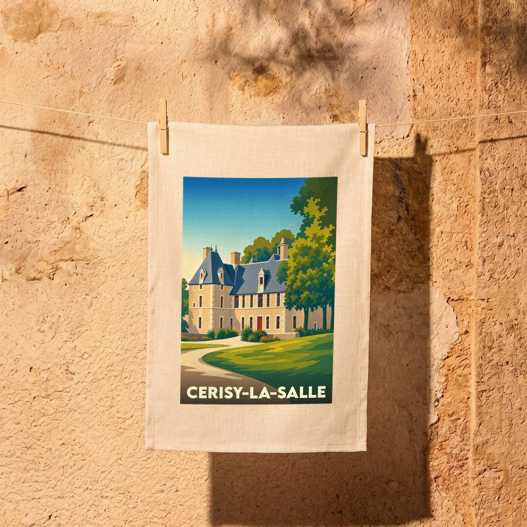 Torchon souvenir de la ville de Cerisy-la-Salle avec une illustration stylisée de son château.