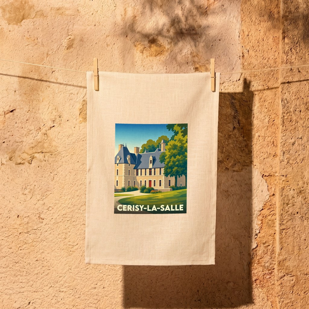 Torchon souvenir de la ville de Cerisy-la-Salle avec une illustration stylisée de son château.