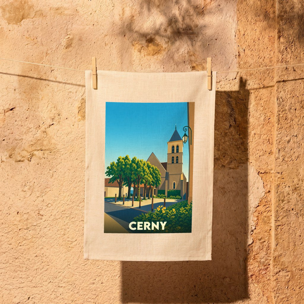 Torchon souvenir de la ville de Cerny avec une illustration stylisée.