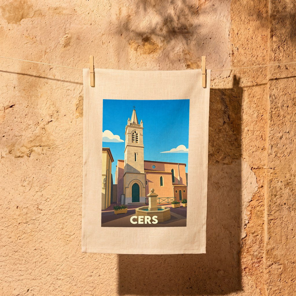 Torchon souvenir de la ville de Cers illustré par un dessin stylisé de son église et de sa fontaine.