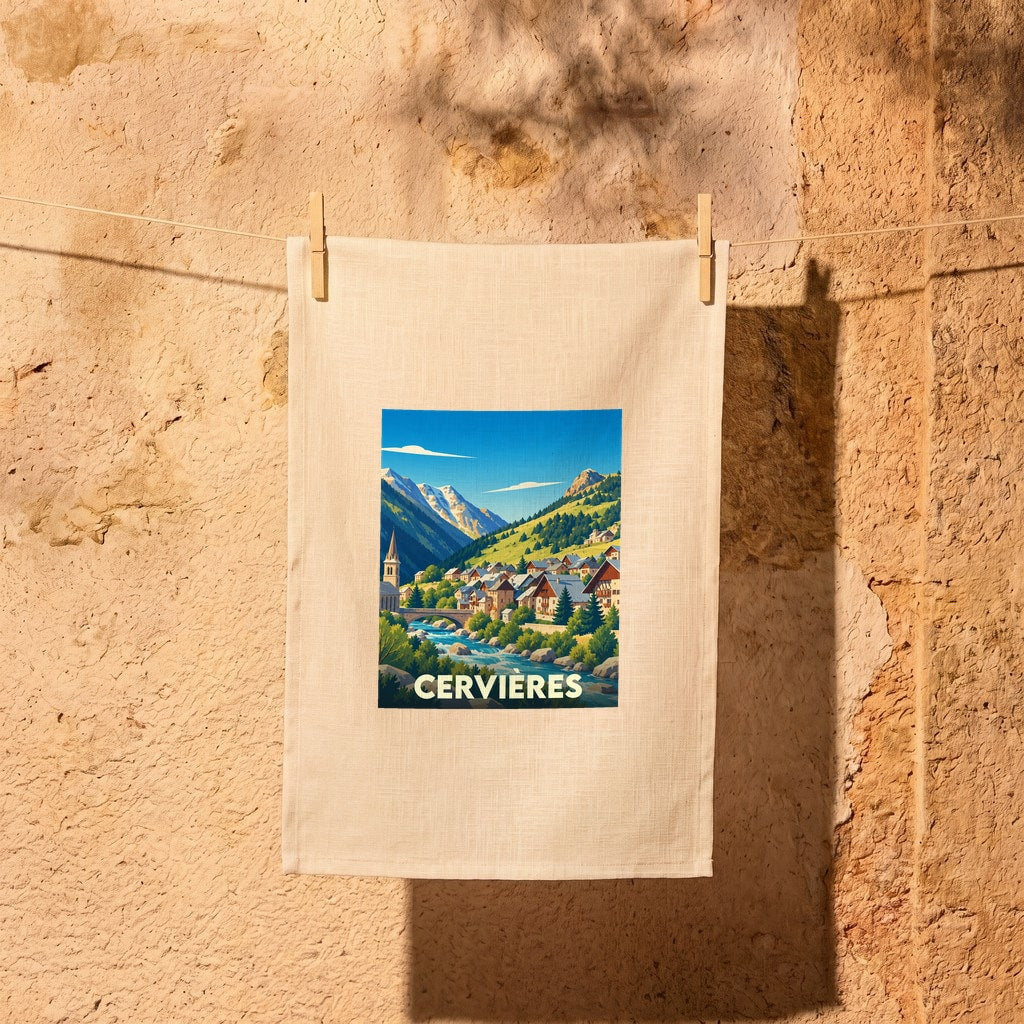 Torchon souvenir de la ville de Cervières avec une illustration stylisée d'un paysage de montagne.