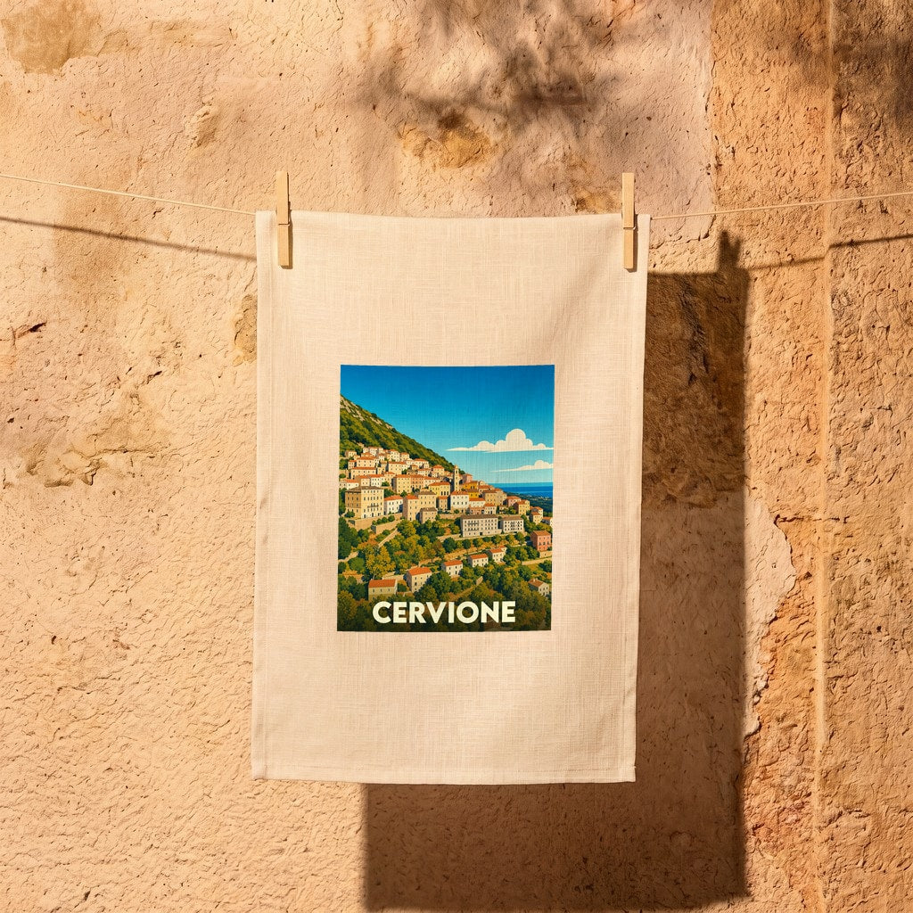 Torchon souvenir de la ville de Cervione avec une illustration stylisée.