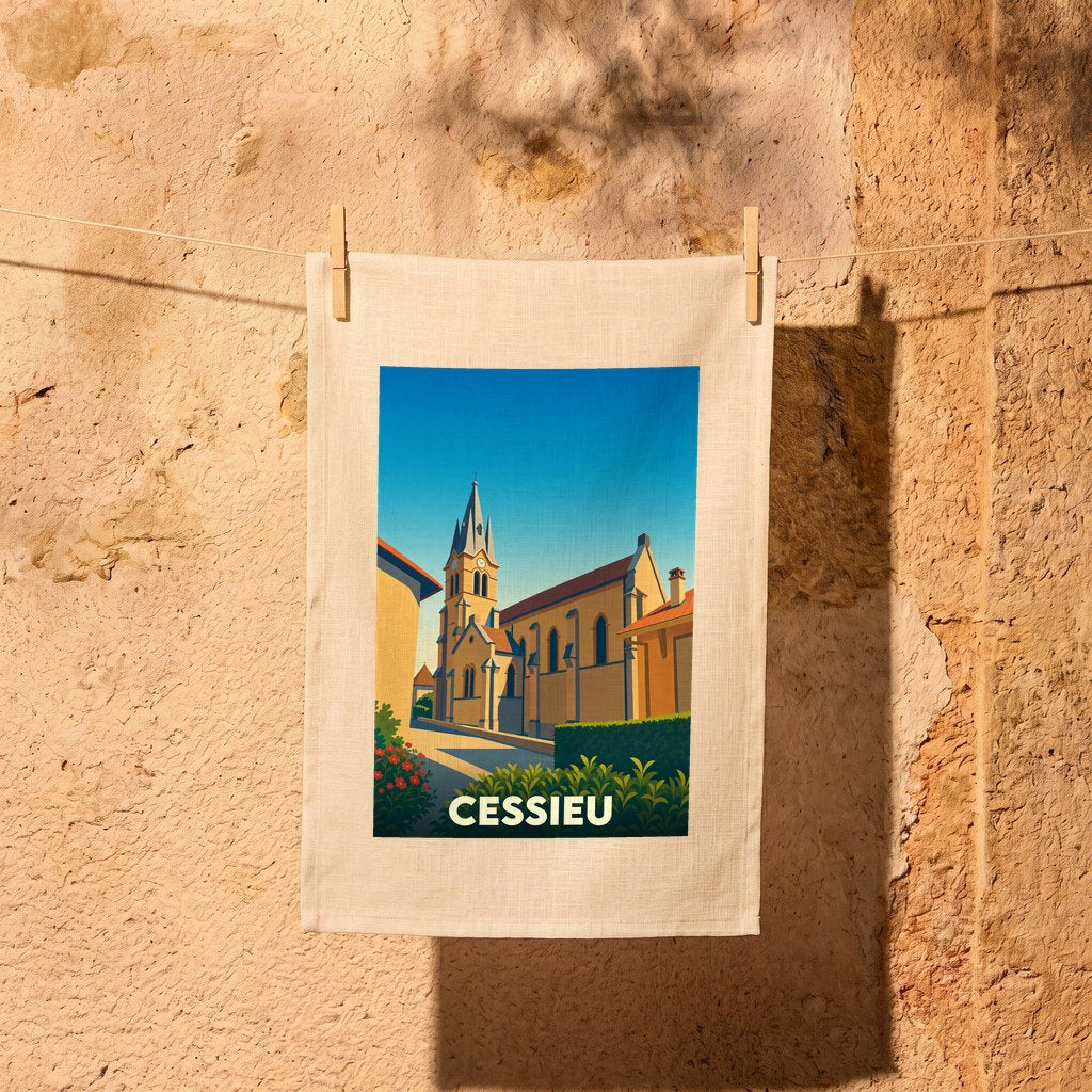 Torchon souvenir de la ville de Cessieu orné d'une illustration stylisée de son église.