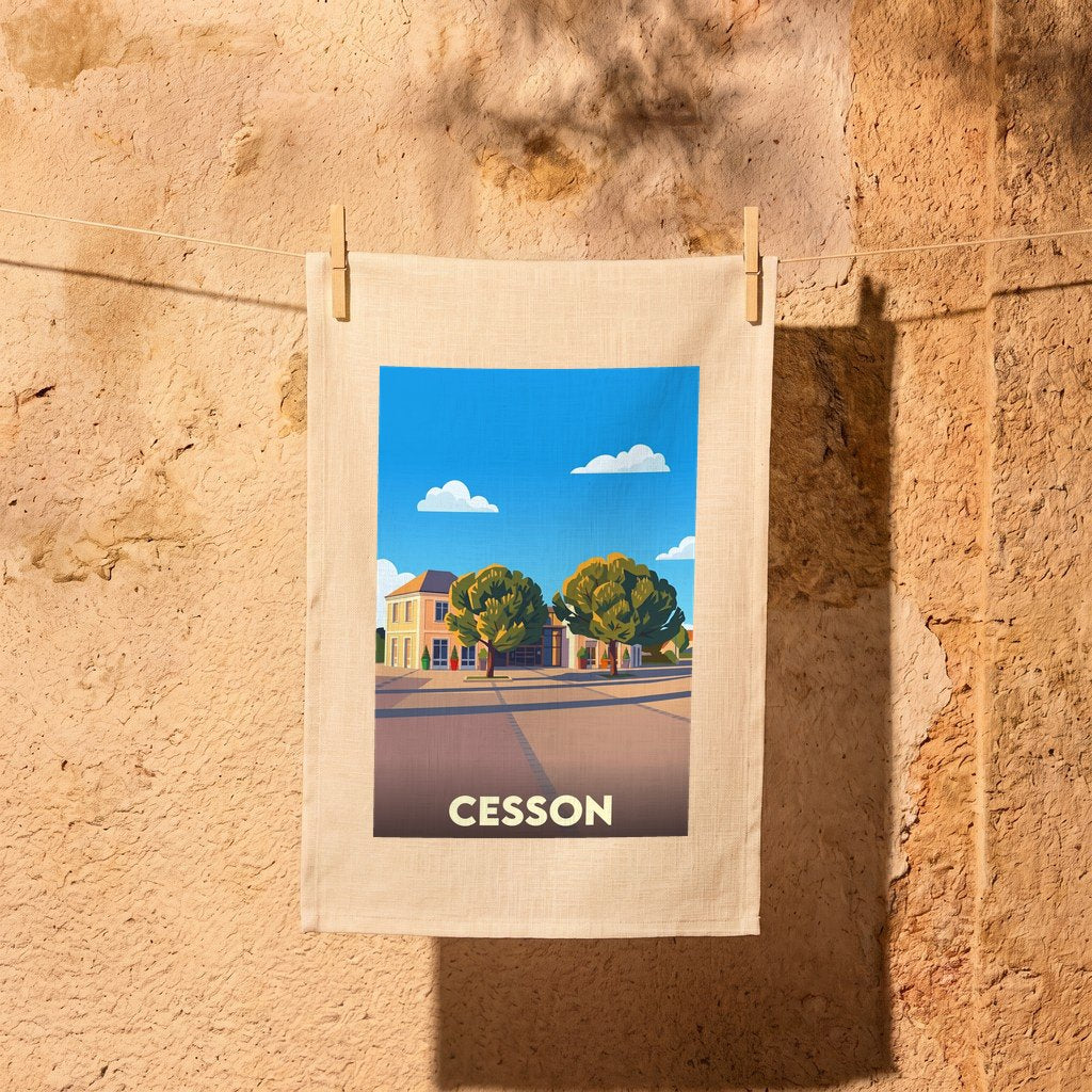 Torchon souvenir de la ville de Cesson avec une illustration stylisée.