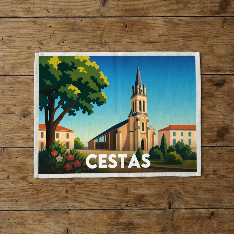 Torchon souvenir de la ville de Cestas avec une illustration stylisée de son église.