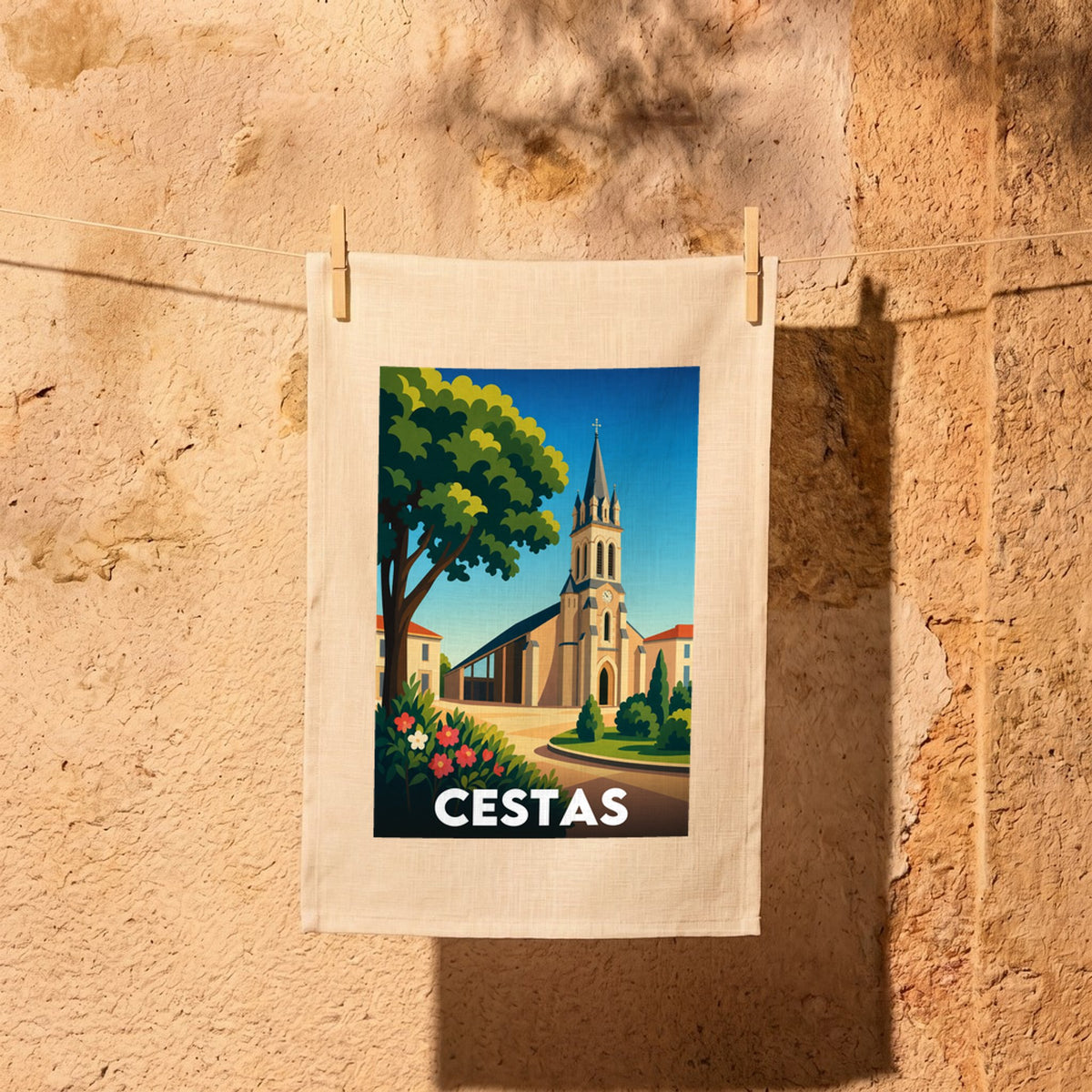 Torchon souvenir de la ville de Cestas avec une illustration stylisée de son église.