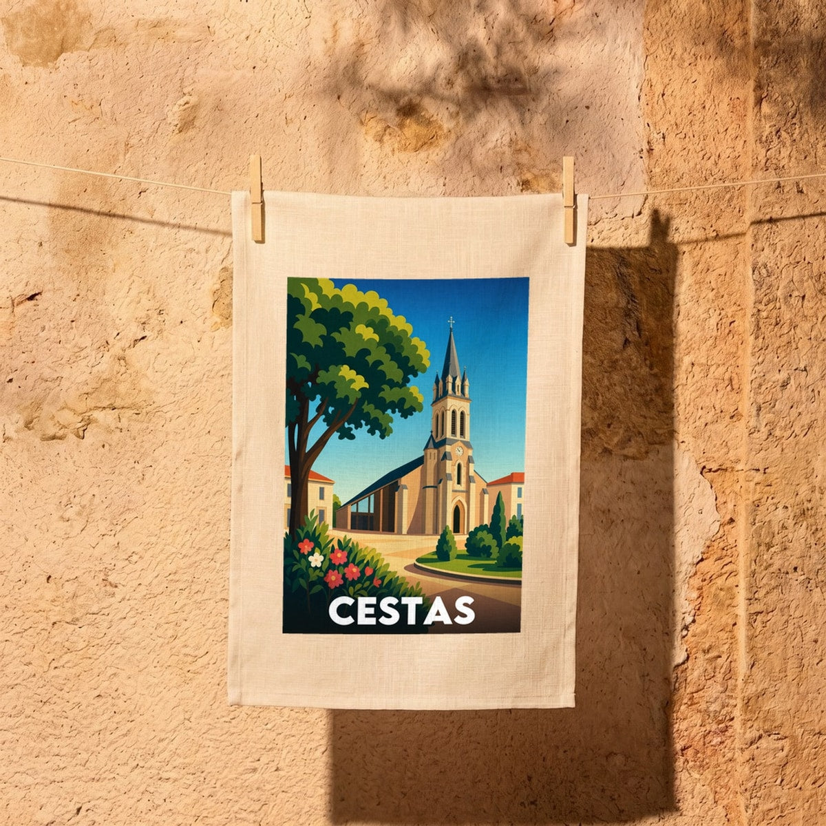 Torchon souvenir de la ville de Cestas avec une illustration stylisée de son église.