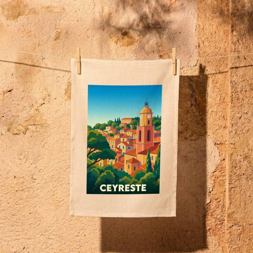 Torchon souvenir de la ville de Ceyreste avec une illustration stylisée et colorée de ses maisons et de son clocher.