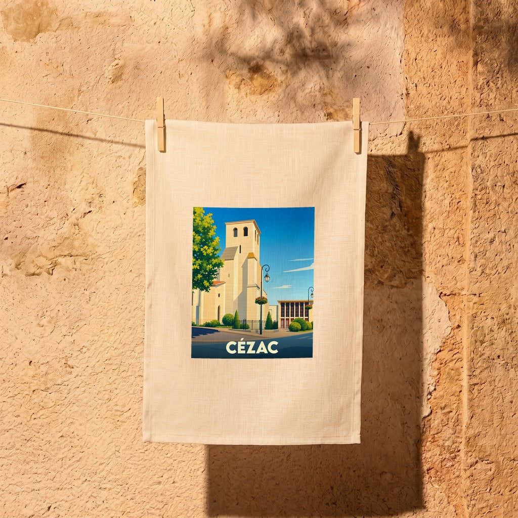 Torchon souvenir de la ville de Cézac avec une illustration stylisée.