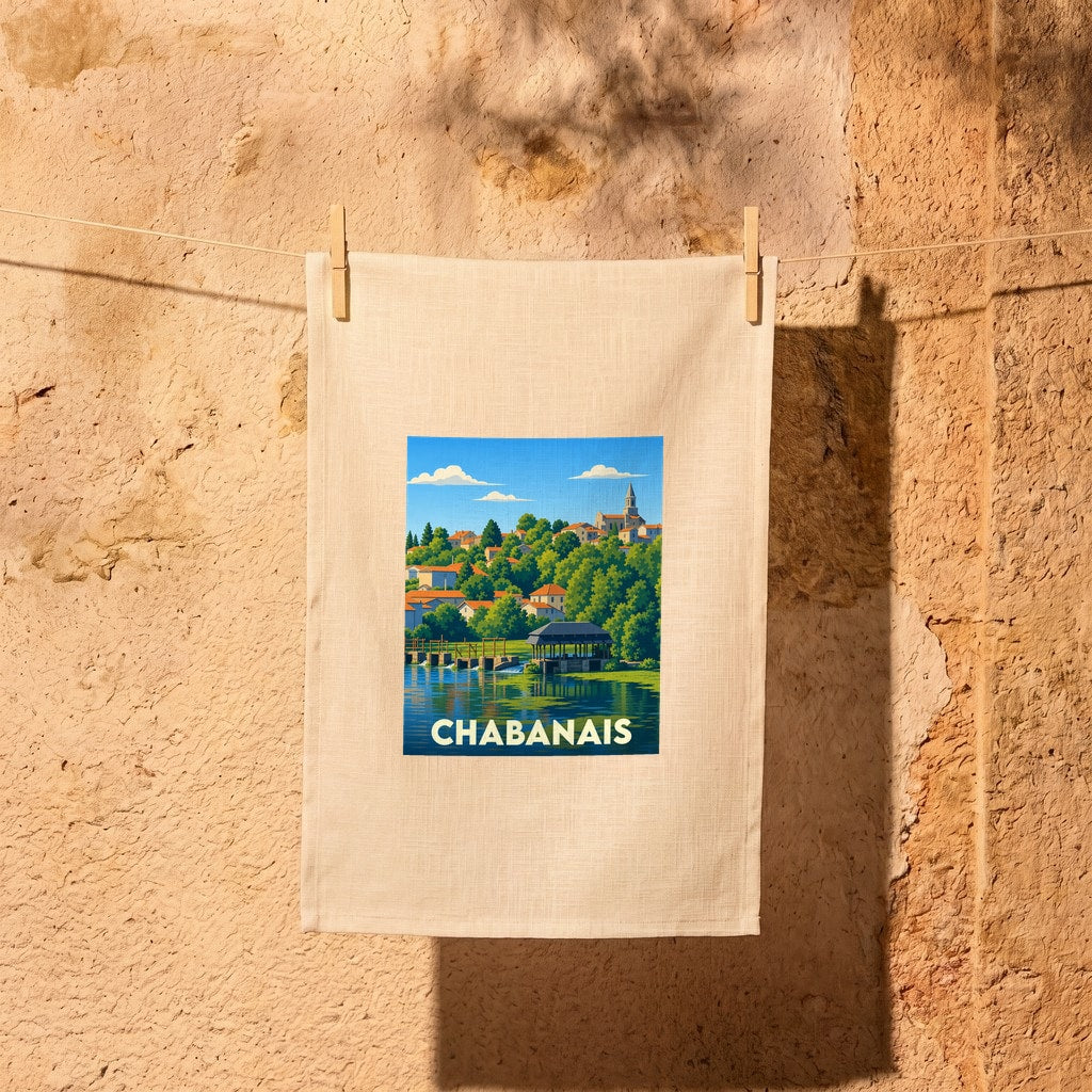 Torchon souvenir de la ville de Chabanais avec une illustration stylisée.
