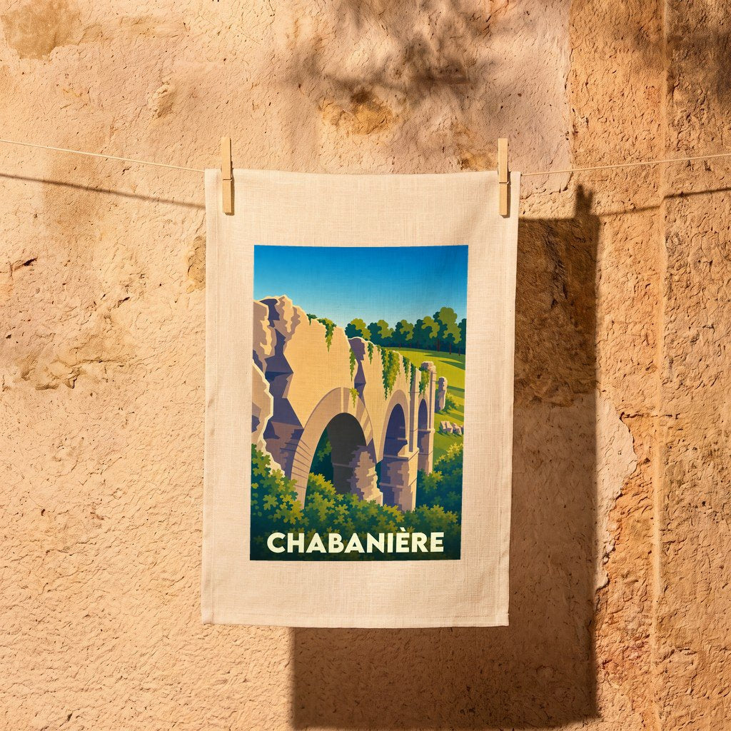 Torchon souvenir de la ville de Chabanière avec une illustration stylisée d'un aqueduc antique.