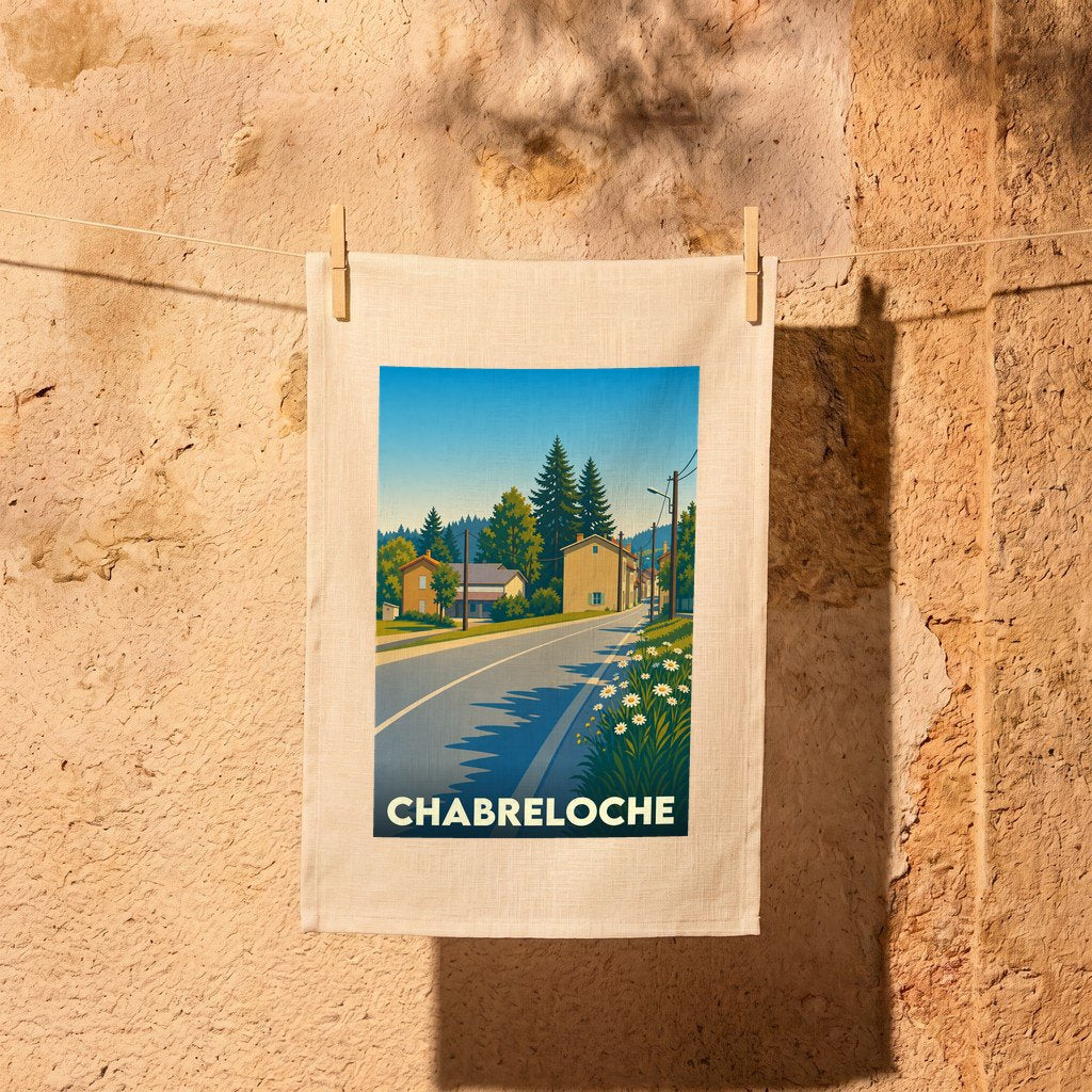 Torchon souvenir de la ville de Chabreloche illustré d'un paysage urbain au style vintage.