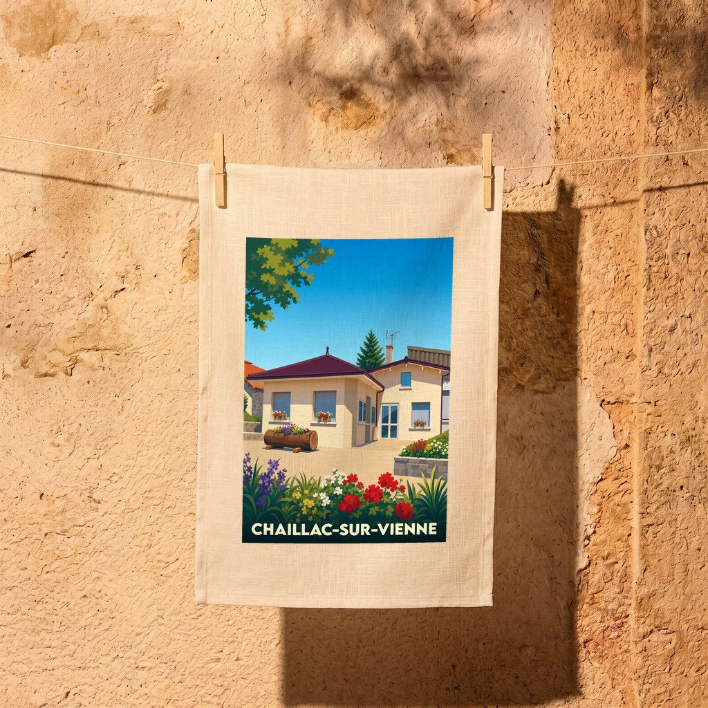 Torchon souvenir de la ville de Chaillac-sur-Vienne avec une illustration stylisée.