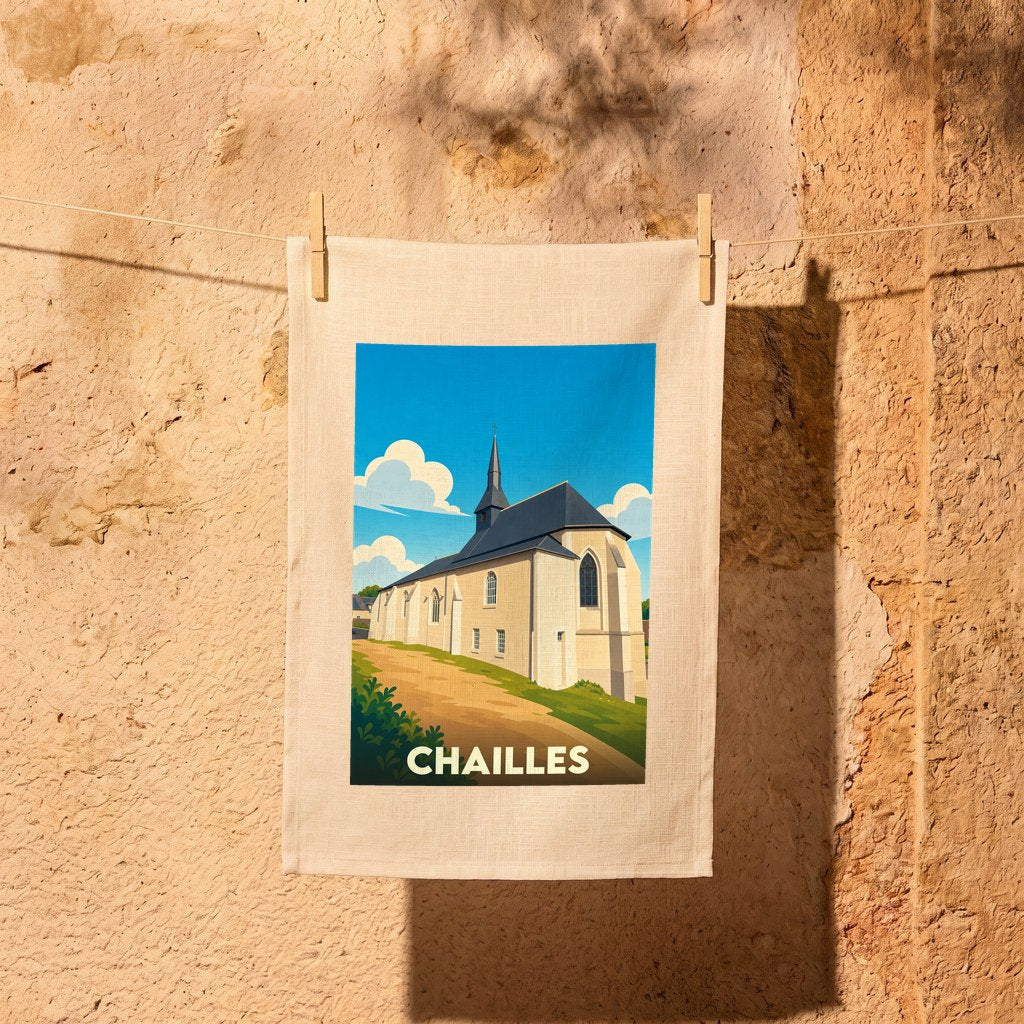 Torchon souvenir de la ville de Chailles avec une illustration stylisée de son église.