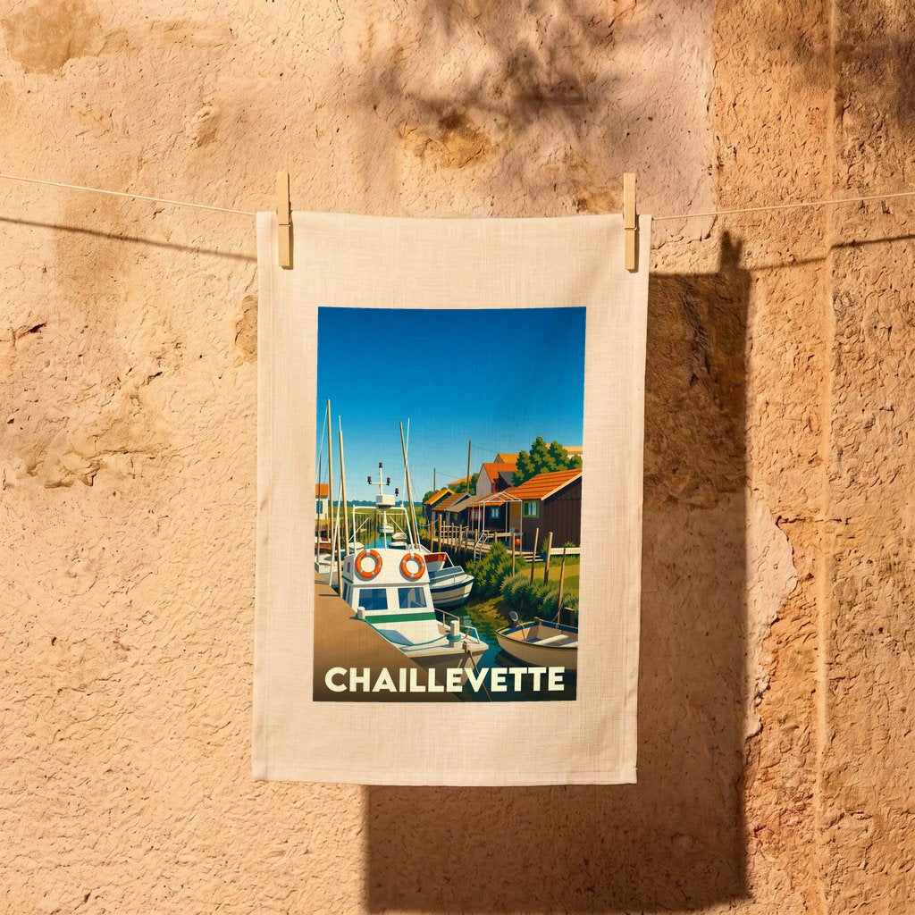 Torchon souvenir de la ville de Chaillevette orné d'une illustration stylisée de son port ostréicole.