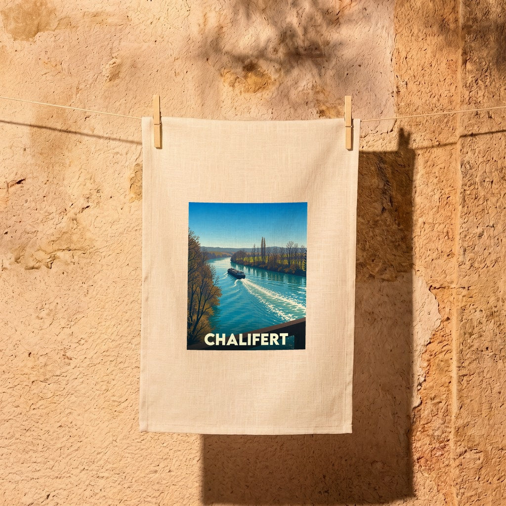 Torchon souvenir de la ville de Chalifert avec une illustration stylisée d'un bateau sur la rivière.