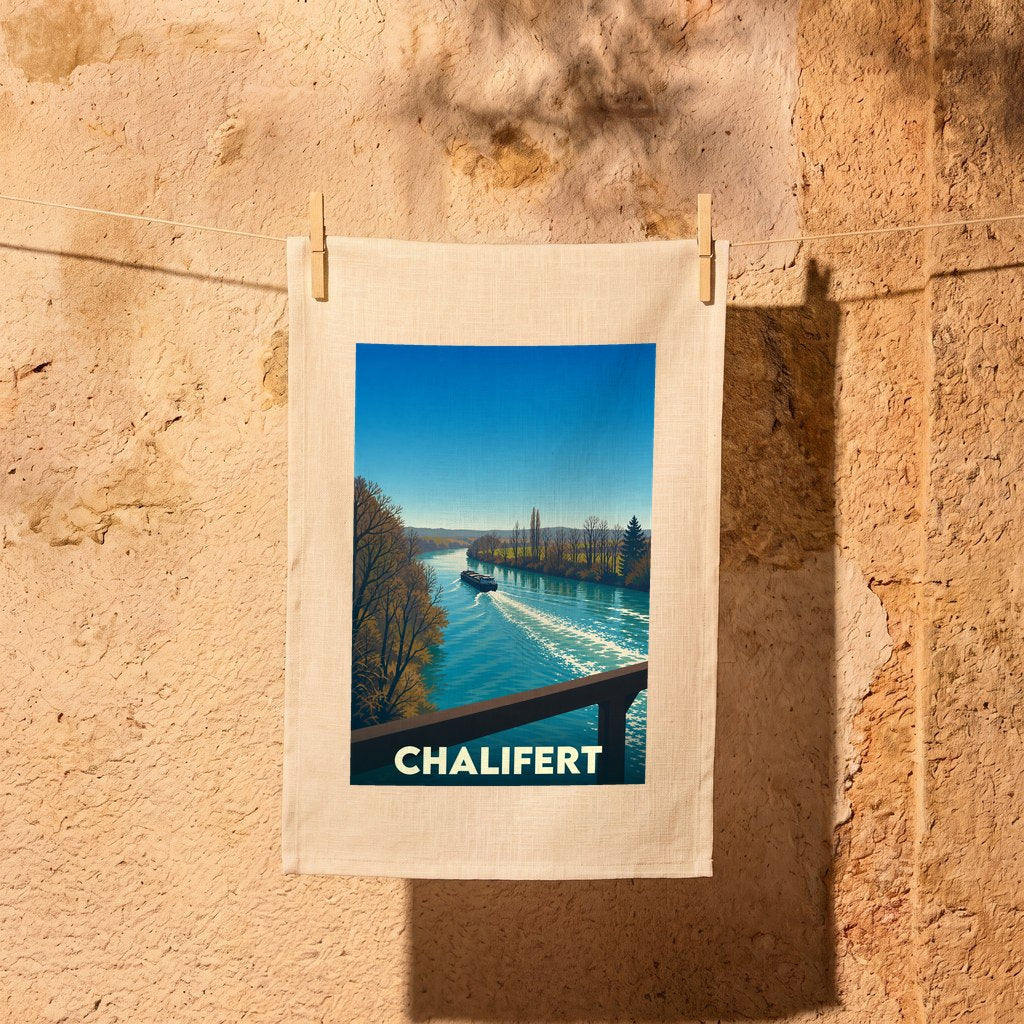 Torchon souvenir de la ville de Chalifert avec une illustration stylisée d'un bateau sur la rivière.