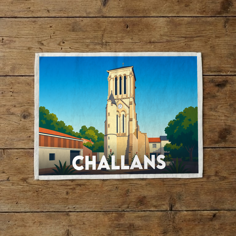 Torchon souvenir de la ville de Challans avec une illustration stylisée de son clocher.