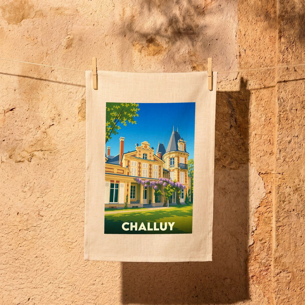 Torchon souvenir de la ville de Challuy avec une illustration stylisée d'une demeure bourgeoise.