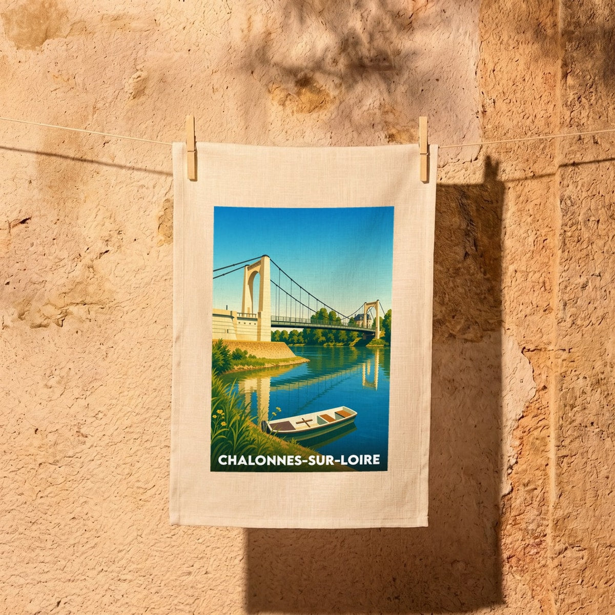 Torchon souvenir de la ville de Chalonnes-sur-Loire avec une illustration stylisée de son pont suspendu.