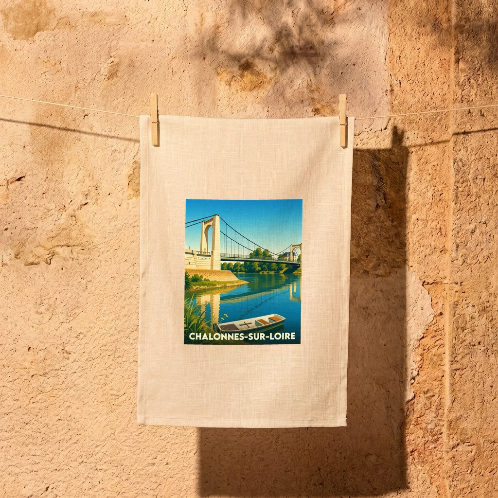 Torchon souvenir de la ville de Chalonnes-sur-Loire avec une illustration stylisée de son pont suspendu.